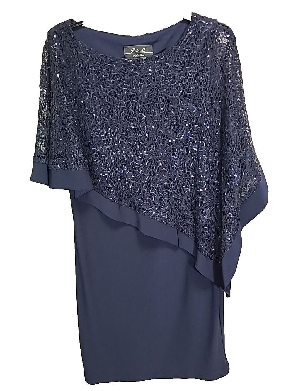 R&M Richards Poncho Dress 37" Sequin Lace Navy Mother of Bride or Groom